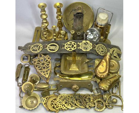 BRASSWARE - a quantity of antique and later including a pair of candlesticks, 25cms H, embossed shot flask, 15cms H, miner's 