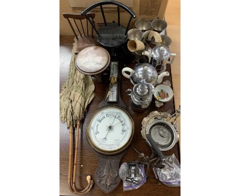 MIXED ITEMS - to include Edwardian oak cased aneroid barometer with thermometer, 81cms, two Edwardian parasols with bamboo ha