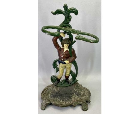 PAINTED CAST IRON STICK/UMBRELLA STAND - modelled with a man amongst entwined foliage upon a scroll base, 57cms H, 33cms W, 2