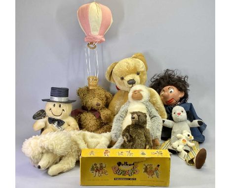 A PELHAM VENTRILOQUIAL PUPPET WITH BOX, various Teddy bears and other soft toys