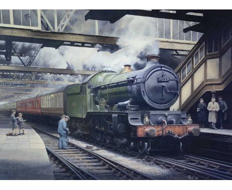 IFOR PRITCHARD large, coloured print - Great Western Locomotive No 7029 at a station with figures on the line and on the plat