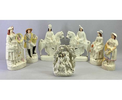 STAFFORDSHIRE FLATBACK FIGURES (7) - Late 19th Century, a fisherman and wife, a pair, 35cms H, equestrian figures, a pair, Sc