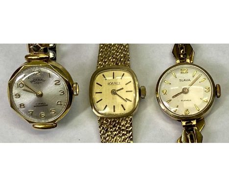 ROAMER 14CT GOLD LADY'S WRISTWATCH with integral strap and two other lady's wristwatches including a 9ct gold cased Slava on 