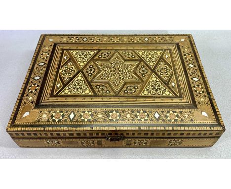 VINTAGE INLAID LIDDED BOX &amp; CONTENTS to include an interesting gilt metal calling card case, inscribed to the interior 'W