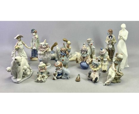 LLADRO, NAO &amp; ROYAL DOULTON - a group of ten Lladro clowns, 23cms H the tallest, Polar Bear and Cubs, 16cms H, Young Lady