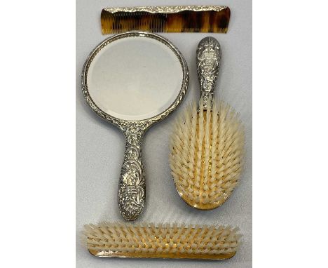 SILVER 4 PIECE DRESSING TABLE HAND MIRROR, BRUSH &amp; COMB SET - cased, Birmingham 1955, Maker W I Broadway &amp; Co, all it