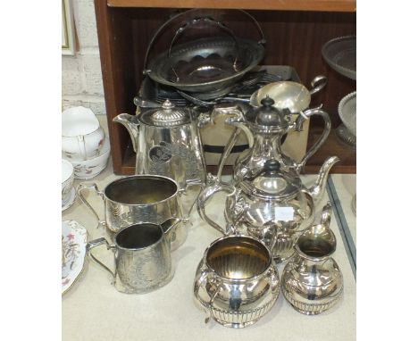 A four-piece plated tea service of half-gadrooned decoration by James Dixon &amp; Sons, a three-piece plated tea service, var