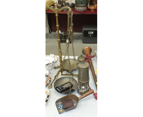 A brass banker's beam scale by Doyle &amp; Son, London, 57cm high, a Type-6 Safety Lamp by The Protector Lamp &amp; Lighting 