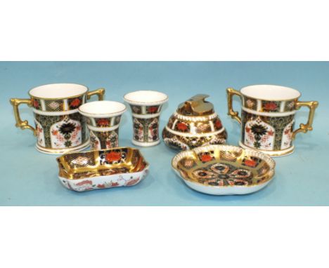 A collection of seven pieces of Royal Crown Derby 'Old Imari' pattern 1128 tableware, including two loving cups 7.5cm high, t