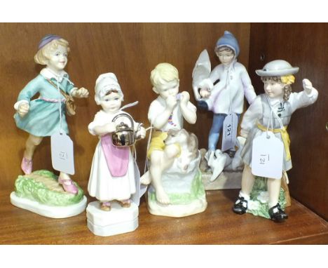 Five Royal Worcester figurines: 'Thursday's Child Has Far To Go', 'Katie's Day, School Time', 'Polly Put The Kettle On', 'Jun