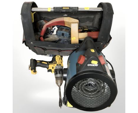 A Stanley tool bag containing various tools, Dewalt drill, and an Erbauer electric heater 