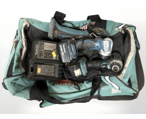 A Makita tool bag containing angle grinder, torch, drill, battery charging pack 