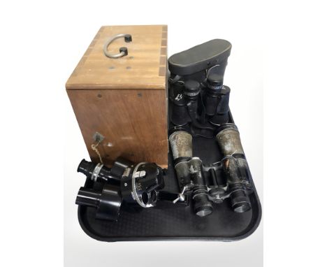 A pair of Sentry 8 x 40 binoculars, Lieberman 16 x 45 binoculars and a Cooke Troughton & Simms microscope 