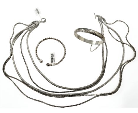 A multi-strand long white metal necklace together with expansion bangle, Sterling silver bracelet