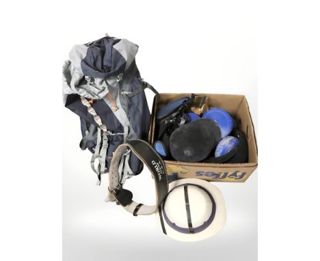 A ruck sack, pith helmet, riding helmet, dumbbells, etc (one box) 