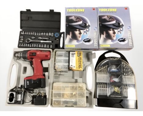 A Powerdevil electric drill in case, drill bit set, two Toolzone lights etc (1 box)