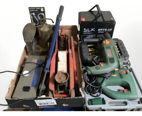 A hydraulic jack, cutters, electric drill screw driver set, tool boxes etc 