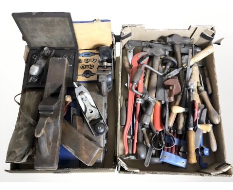A collection of carpentry tools, Stanley Bailey no.4 plane, further E Preston & Son plane, hand drills, hammers, chisels etc 