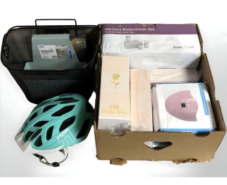 A bike helmet and basket, bathroom set, rose ornaments, etc. (1 box)