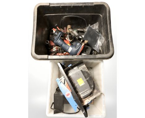 Assorted power and hand tools, hardware etc (2 boxes)