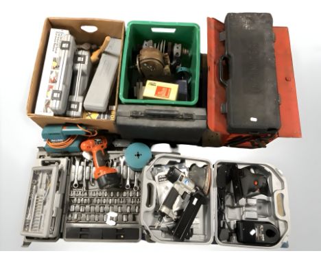 Several tool boxes containing spanner and socket sets, power tools, hardware etc (1 pallet)