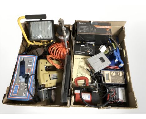Assorted power tools, hand tools, gauges, compressor, site light etc (2 boxes) 