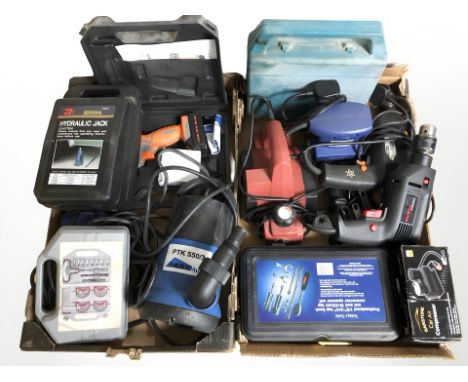 A group of power drills, spanner set, hydraulic jack, water pump etc (2 boxes)