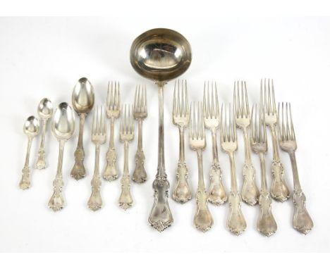 Part canteen of Victorian silver Kings Pattern cutlery comprising of, a soup ladle,  8 table forks, 4 desert forks, 2 desert 