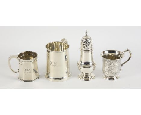 Silver mug London 1938, christening mug Sheffield 1930, Victorian mug with engraved foliate decoration, by Mappin Brothers, S