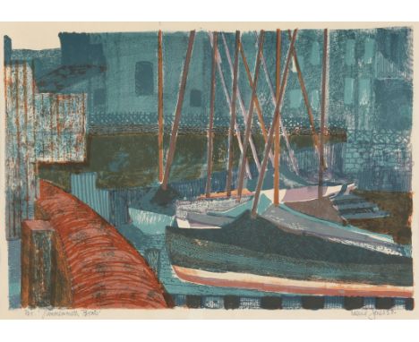 Leslie Jones (British 20th century), Hammersmith boats, colour lithograph, signed lower right, numbered 7/25 and inscribed lo