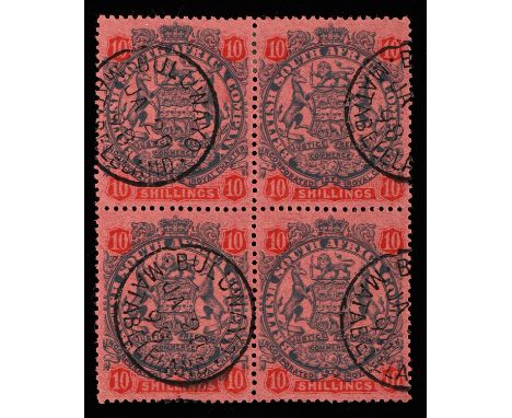 Stamps - Rhodesia, British South Africa Company, 1896 10/- slate and vermillion/Rose block of four, used - Buluwayo CDS dated