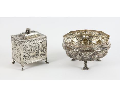Indian white metal bowl, pierced and embossed with fish, elephants, tigers, deer, lions and rabbits 17cm dia. and an Indian w