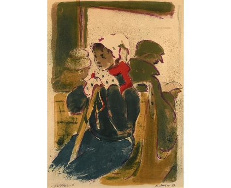 WITHDRAWN  B. Chayoux ? (20th century), Seated figures, colour lithograph, indistinctly signed lower right, 51 x 37cm. Framed