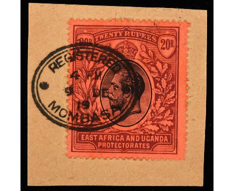 Stamps - Kenya, Uganda & Tanganyika (KUT), East Africa and Uganda Protectorates 1912 - 21, 20R Used on piece, SG 59. RPS Cert