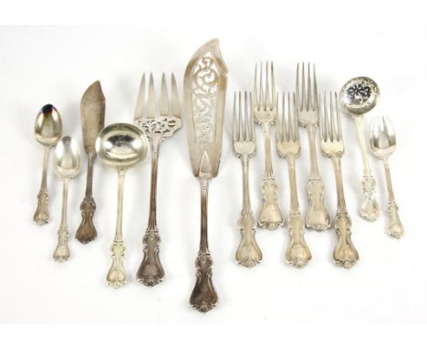 Part canteen of early Victorian silver Kings Pattern cutlery comprising of a pair of fish severs, 5 table forks, 2 tea spoons