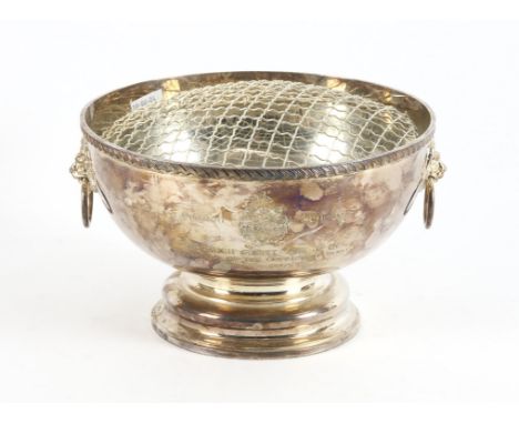 Modern silver presentation rose bowl with lion mask and ring handles on pedestal foot C J Vander Ltd, Sheffield 1994 20.5cm d
