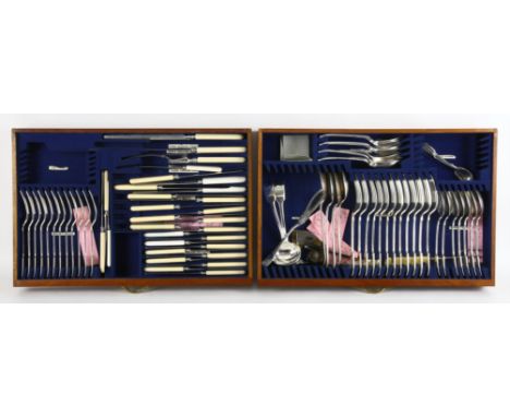 Mahogany cased part canteen of silver plated fiddle pattern and other cutlery, various makers