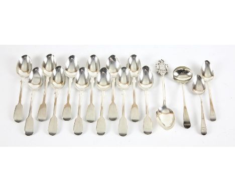 Set of six Victorian fiddle pattern tea spoons, another similar set, three other spoons and a George III sauce ladle total si