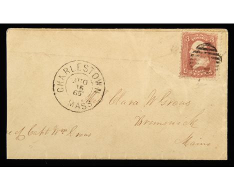 Stamps - Covers - USA 1865 cover Charlestown 15 Aug 1865 to Brunswick, Maine to Mrs Clara W Grous (Wife of Grous). Nice cover