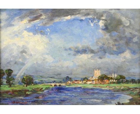 Emily Beatrice Bland (British 1864-c.1951), A river landscape, possibly Christchurch, Dorset, with Priory and bridge, oil on 