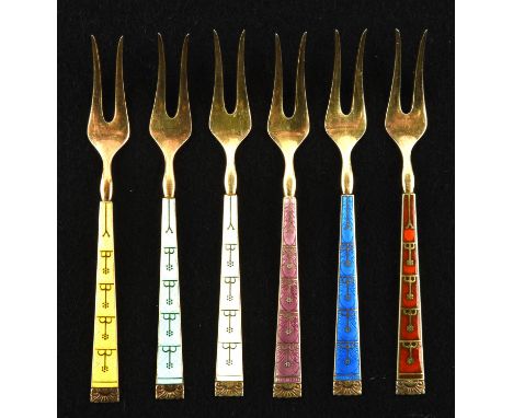 Set of six Hestenes Norwegian silver and enamel desert forksCondition Report:  Enamel is undamaged, silver gilt has minor sur