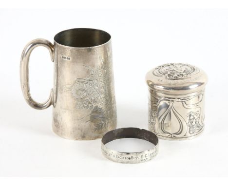 Victorian silver presentation mug with fern decoration, Walker & Hall, Sheffield 1887, Art Nouveau pot and cover with present
