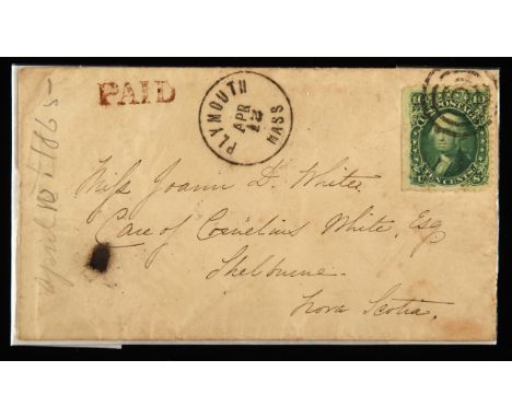 Stamps - Covers - USA - 1865 cover Plymouth. Mass 12 Apr bearing 1861 10c Washington left marginal stamp, tied. Good conditio