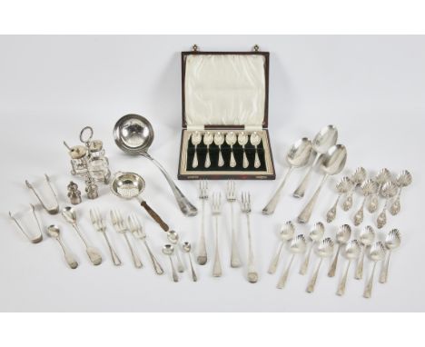Mixed lot of spoons and other silver items to include three table spoons by Hester Bateman, London 1790, rat tail ladle Londo