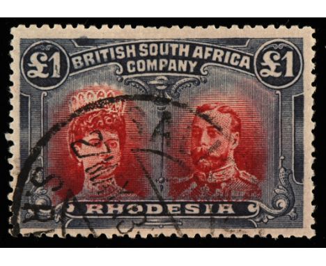 Stamps - Rhodesia, 1910 - 13 King Edward VII, £1 rose-scarlet and bluish black SG 166, used. Salisbury cancel, on dealer's ca