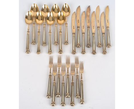 Set of eight silver gilt and mother of pearl handled fruit / desert knives, forks and spoons by Harrison Brothers & Howson (G