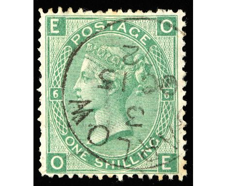 Stamps - Great Britain, Queen Victoria 1/- Green. SG 117 Plate 6, on card showing print flaws, written up on card. (1 Stamp)