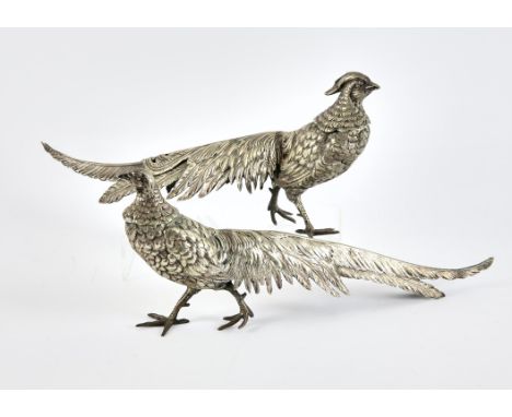 Pair of silver plated pheasants, 33cm marked ALPAUCA 