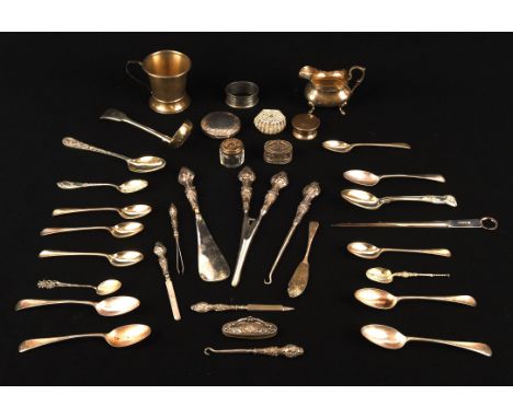 Mixed lot of silver spoons, paper knife, small mug, cream jug, compact, pill box, silver top jar, continental filigree box st