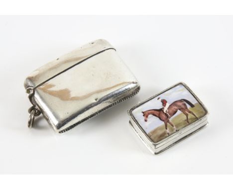 Continental silver pill box with a print of a jockey and mount to the cover, marked 925 3.5cm x 2.5cm x 1cm  and a Victorian 